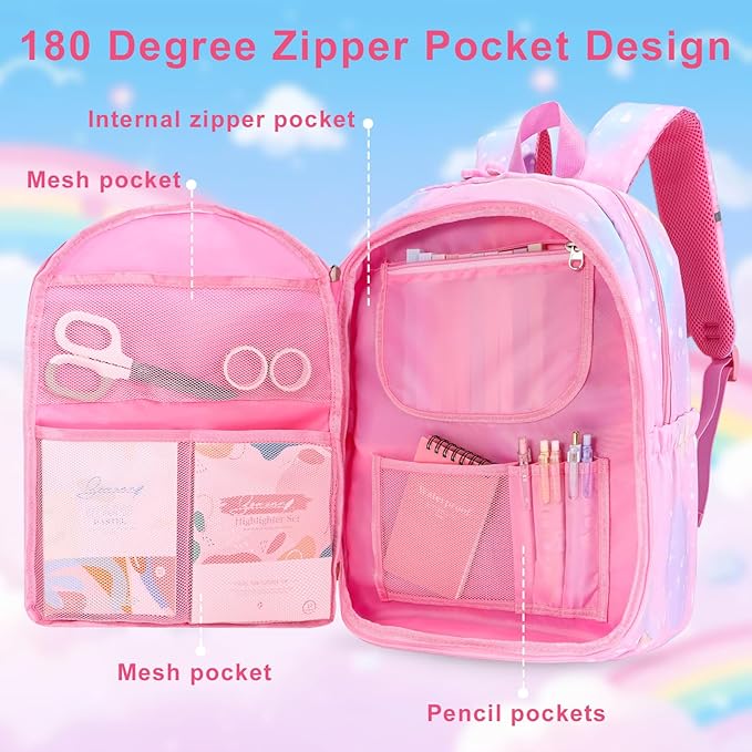Girls Backpack Set 3 IN 1,Cute Rainbow Kids Backpack with Insulated Lunch Box Pen Case Set Student School Bag(Pink-3 pieces set)