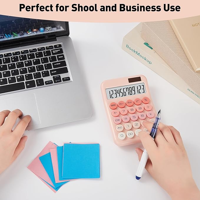 Small Desktop Calculator with LCD Large Display and Sensitive Button, Dual Solar and Battery Powered with Automatic Sleep Basic Cute Calculators for Office, School and Business (Pink)