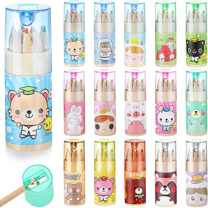 Fumete 15 Pack Cute Pencils Mini Drawing Colored Pencils Bulk for Kids with Sharpener Portable Color in Tube Party Favors Gift for Classroom School Supplies, 12 Colors