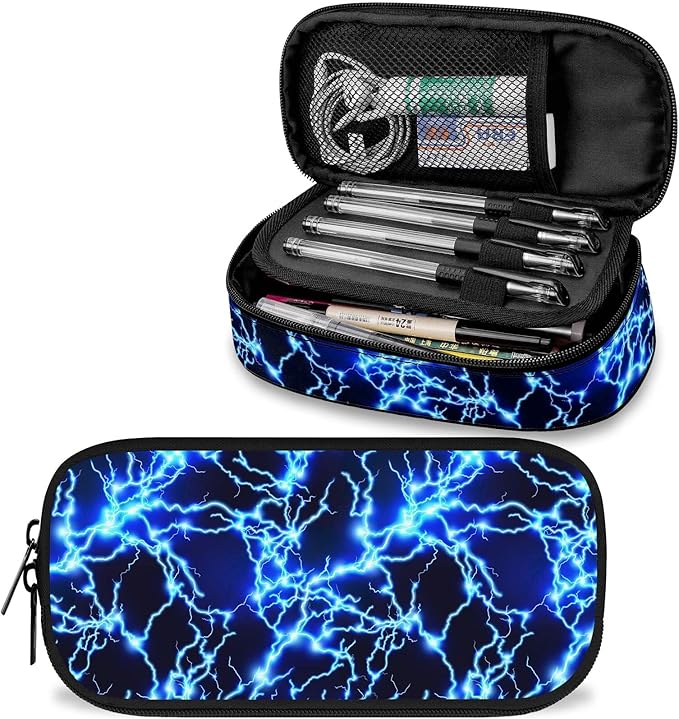Lightning Large Pencil Case Big Capacity Blue Pencil Pouch for Boys Girls Teen Women Men Adult, Portable Kids Pencil Bag with Zipper, Stationery Storage Pen Bag for School Supplies Office Organizer