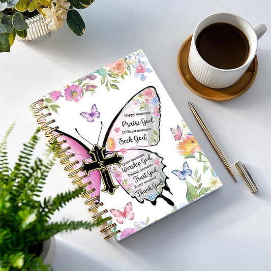 Bible Notebook, A5 Spiral Christian Journal with Floral Pink Butterfly Notebook, Bible Verse-God Says You Are, Inspirational Notebooks for Women, Bible Study, Gift for Birthday Christmas