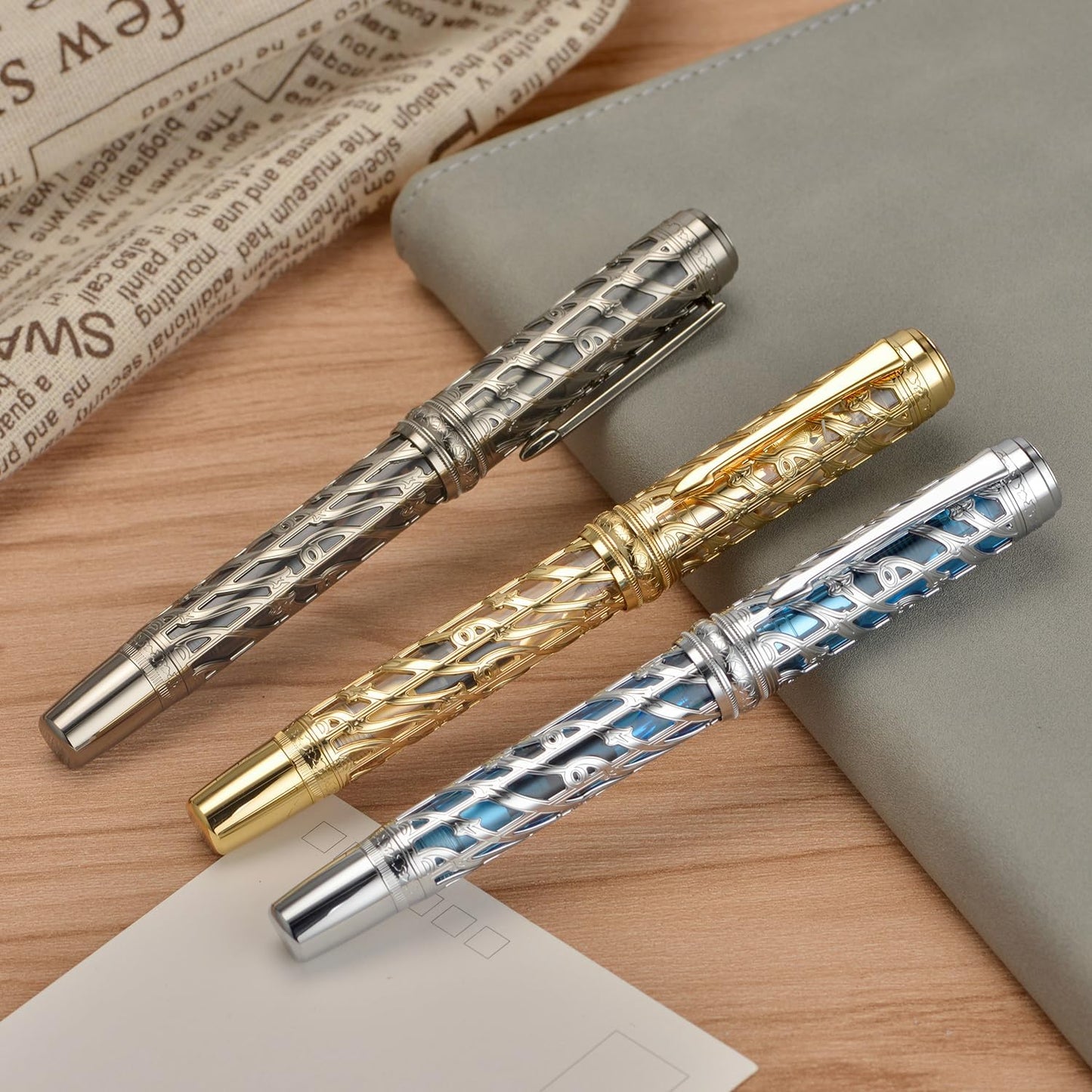 Hongdian A6 Piston Fountain Pen Extra Fine Soft Nib, Jet Black Hollow Skeleton & Resin Pen with Metal Case Set