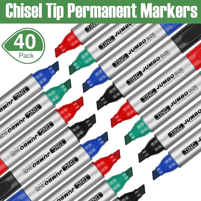 Cholemy 40 Pcs Jumbo Permanent Markers Bulk Large Chisel Tip Permanent Markers Quick Drying Pens for Office Teacher Supplies(Multicolor)