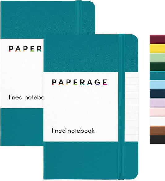PAPERAGE Lined Pocket Journal Notebook, 2 Pack, (Turquoise), 160 Pages, Small Notebook, 3.6 inches x 5.6 inches - 100 GSM Thick Paper, Hardcover