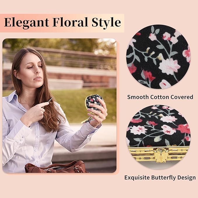 VOCOSTE Compact Mirror for Purses - Flower Pocket, Oval Mini, Floral Small, Vintage Folding, Travel Portable for Women, Black