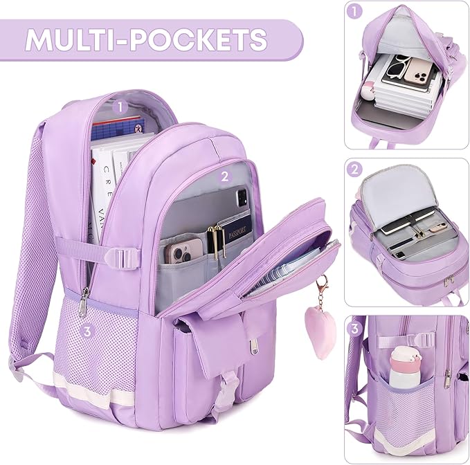 3PCS School Backpack For Student Women College Middle High Teen Girls Bookbag Waterproof Laptop Bag Purple