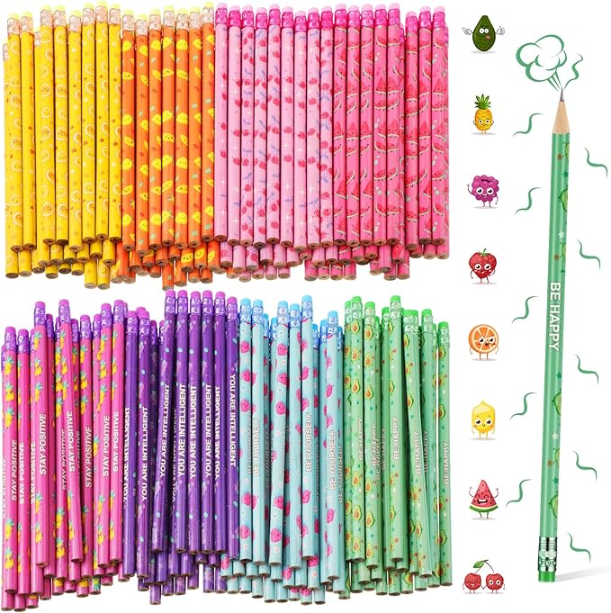 Leinuosen 100 Pcs Scented Pencils Bulk for Kids Inspirational Cute Fun Wood Smelly Pencils with Erasers Fruit Elements for School Classroom Office Students