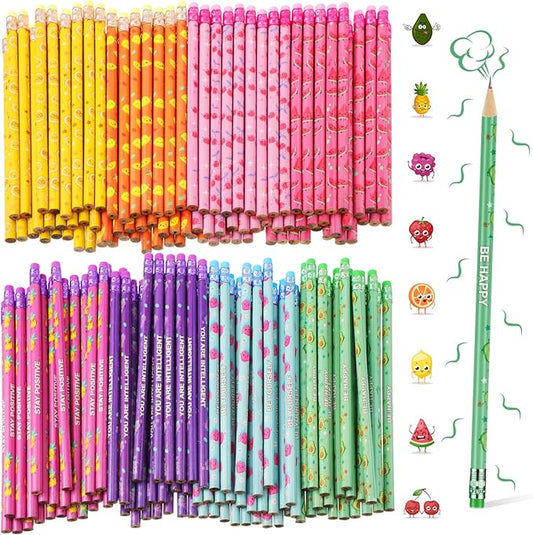 Leinuosen 100 Pcs Scented Pencils Bulk for Kids Inspirational Cute Fun Wood Smelly Pencils with Erasers Fruit Elements for School Classroom Office Students