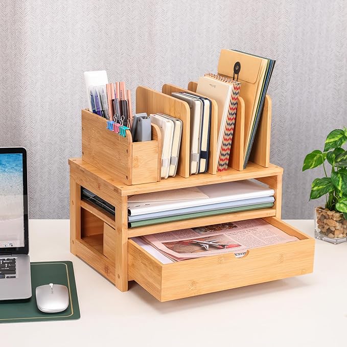 Homde Bamboo Desk Organizer with Drawer and File Holder, Office Organization for Desks with Adjustable Pen Holding, Desktop Letter Paper Tray Storage for Workplace Home School (Natural, M)