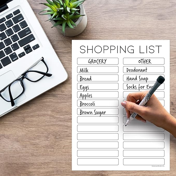 Dry Erase Shopping List Vinyl Sticker Decal Whiteboard by Glassboard Studio | Removable & Reusable | Magnetic Fine-Tip Marker Included (9 x 12 inches, White)