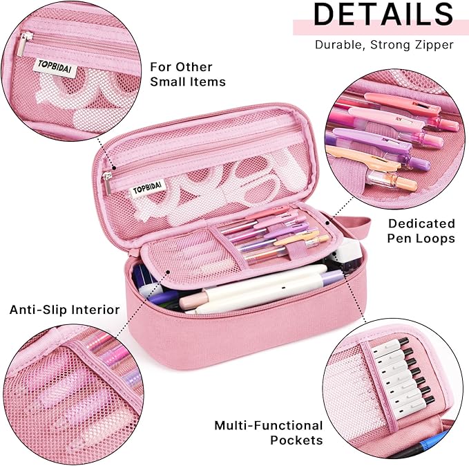 Large Pencil Case Pouch for Girls Women Kids Adults, Big Capacity Canvas Pencil Bag, Office College School Multi Compartment Zipper Stationery Pen Bag (Pink)