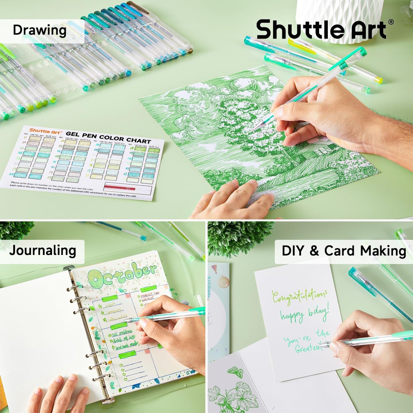 Shuttle Art 60 Pack Green Tone Gel Pens, 30 Green Tone Gel Pens with 30 Refills for Adults Coloring Books Journaling Drawing Nature, Landscapes, Animals Scenes