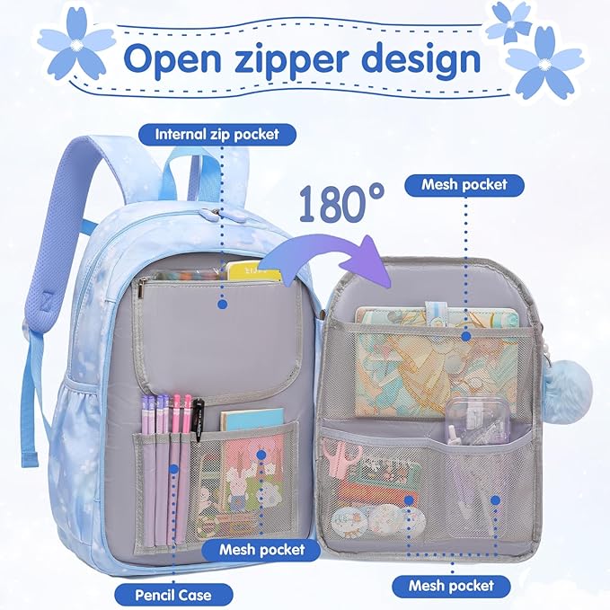 Lovely Girls Backpack School Bag for Students Kids Book Bag with Multiple Pockets Splash-proof Children's Backpack（17inch Blue）