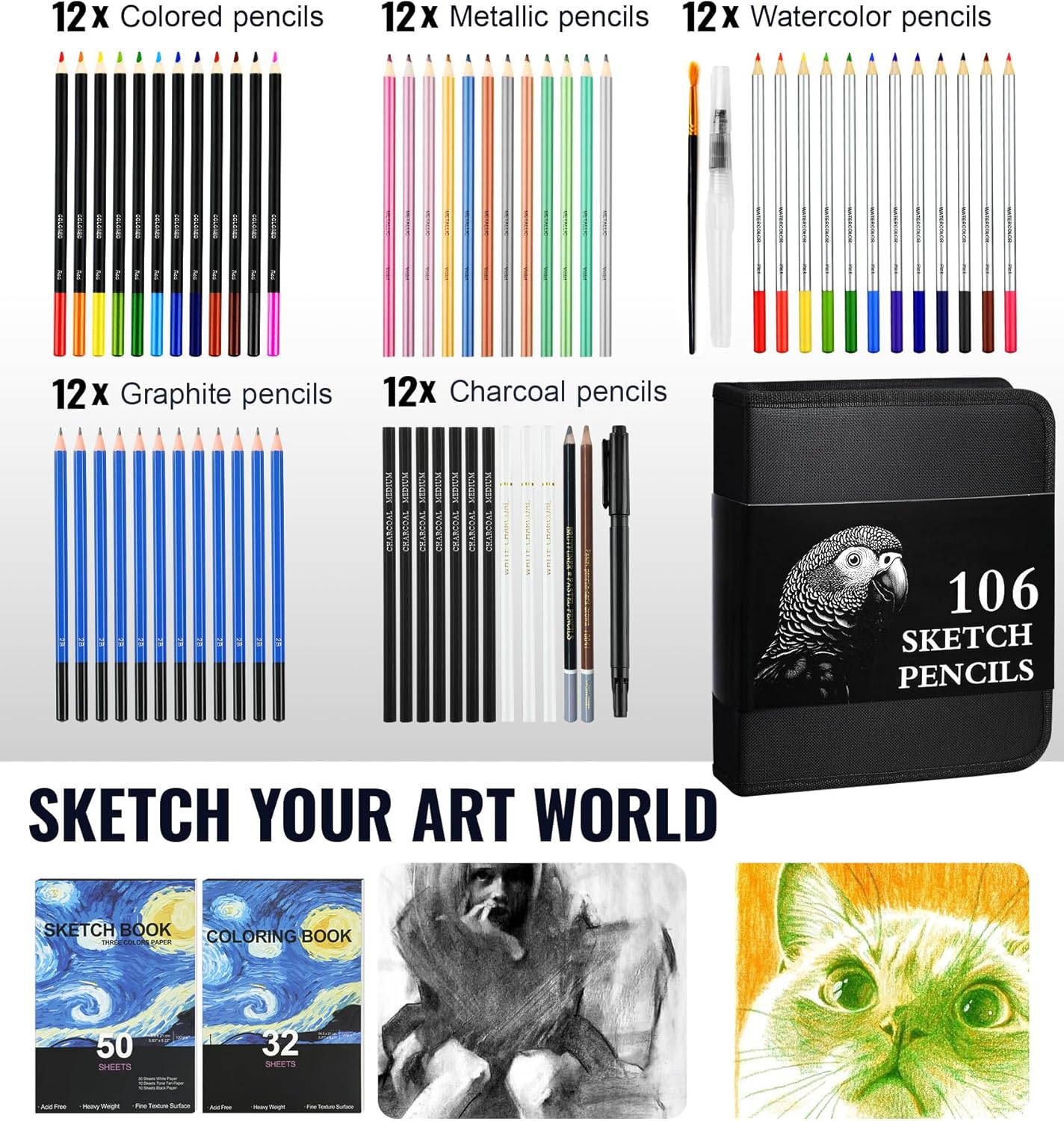 Cool Bank 106 Pack Art Supplies Sketching Kit with 3-Color Sketch Book, Coloring Book, Drawing Pencils with Graphite Colored Charcoal Watercolor & Metallic Pencils, Art Kit Gifts for Artist Adults Kid
