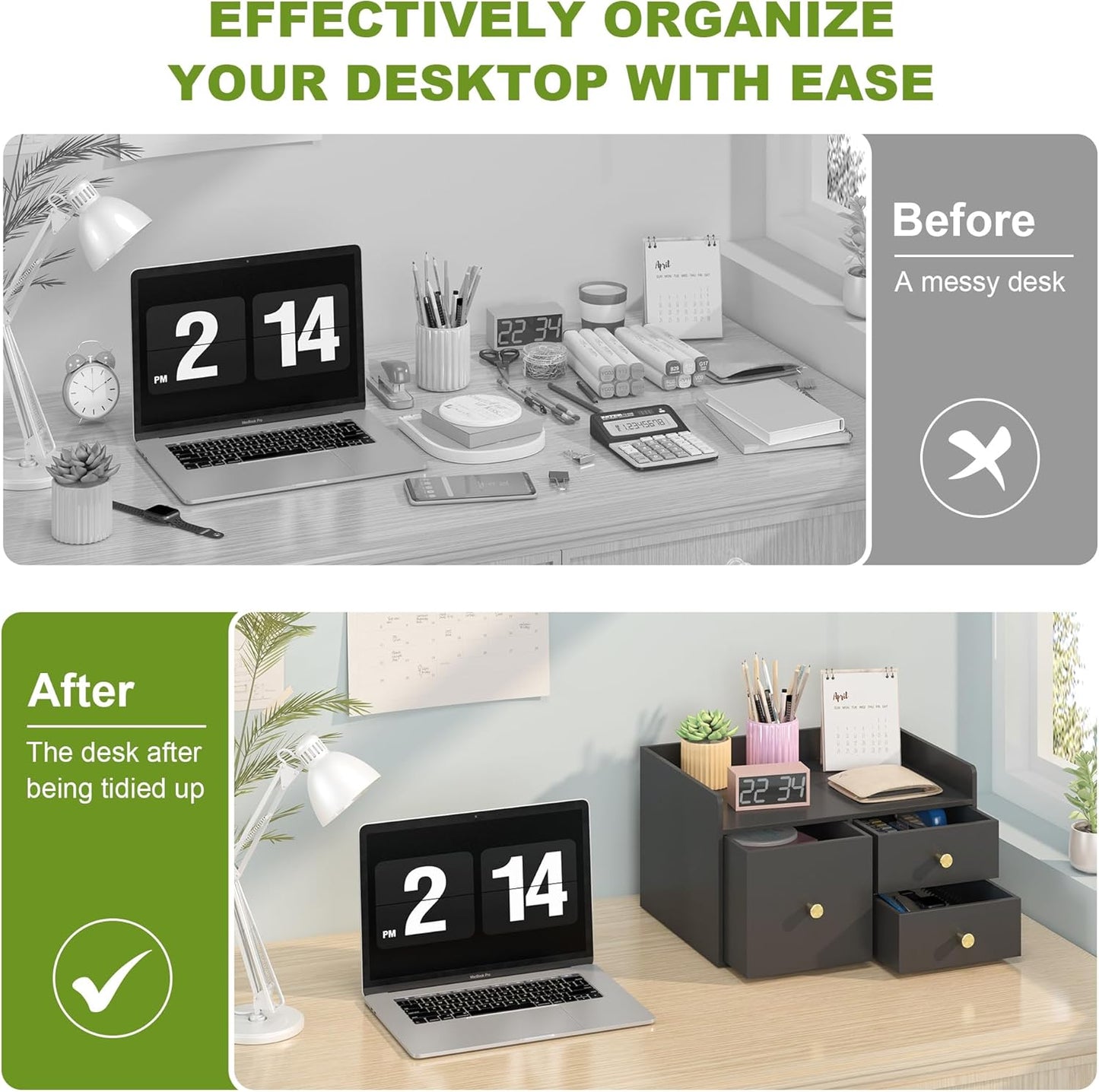 Bamboo Desk Organizer - Stackable, No Assembly Required, Ideal for Office/Home Use - Perfect for Toiletries, Stationery, Accessories. (Black, Square drawer to the left of the fence)