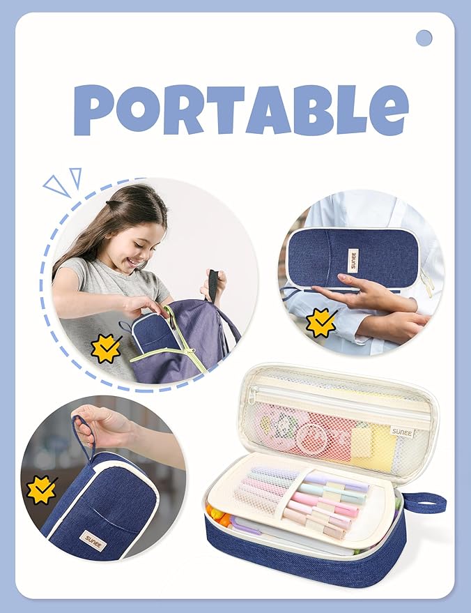 SUNEE Cute Pencil Case, Aesthetic Pen Pouch, Colored Large Pencil Bag with Zipper, Kawaii Stationery Storage and Organizer, School Supplies for Teen and Adult Girls, Navy Blue