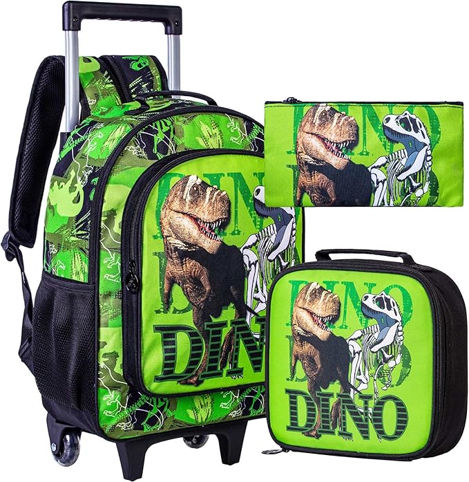 CCJPX 3PCS Dinosaur Kids Rolling Backpack Boys, School Bookbag with Wheels, Travel Roller Wheeled Backpacks for Toddler Elementary-Green