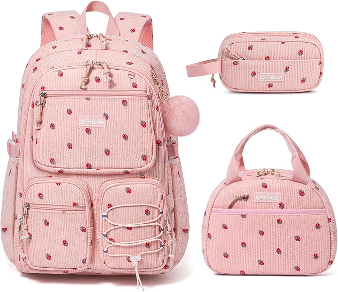 Fimibuke School Backpack for Girls Boys - 3PCS Corduroy Kids Backpack Set with Lunch Box & Pencil Pouch, Lightweight Teen Girls School Bag Laptop Bag Travel Daypack for Elementary Middle High School