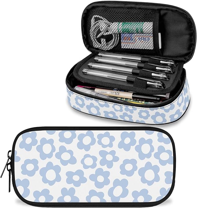 Blue Retro Floral Large Pencil Pouch Big Capacity Cute Pencil Case for Girls Boys Teen Women Men Adult, Portable Kids Pencil Bag with Zipper,Stationery Storage Pen Bag for School Office Organizer