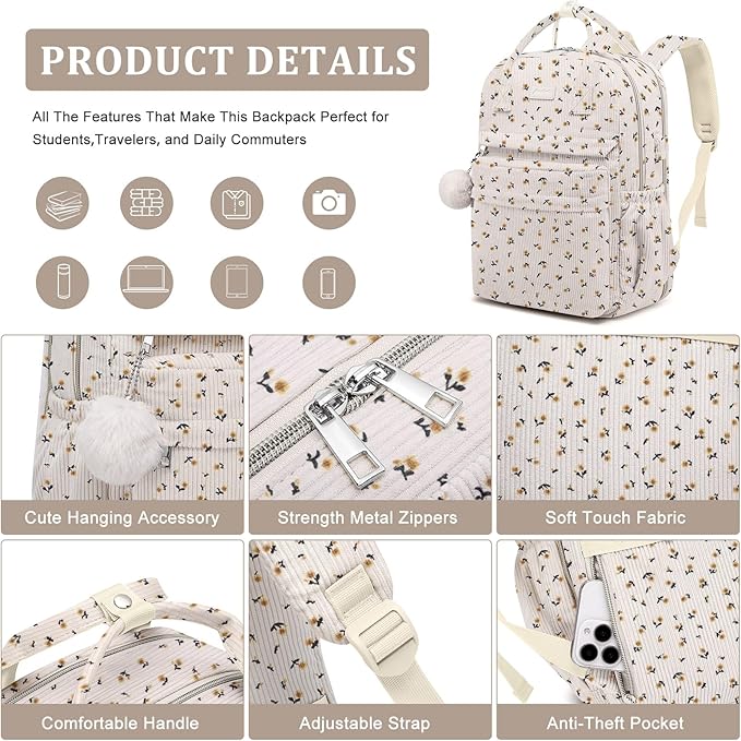 School Backpack for Girls Laptop Bookbag: Casual Corduroy Women Backpacks with USB Charging Port TSA Friendly Travel Back Pack with Anti-Theft Pockets Cute College Daypack for Teen Students Flowers