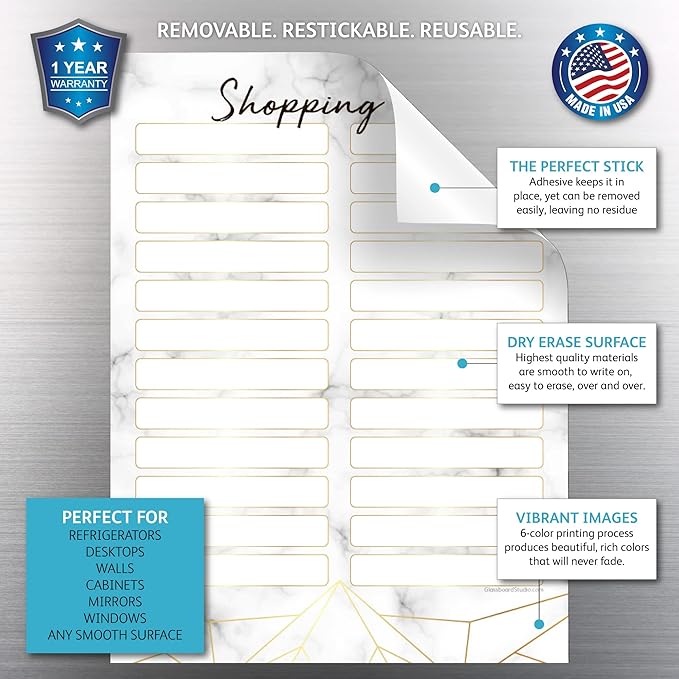 Dry Erase Shopping List Vinyl Sticker Decal Whiteboard by Glassboard Studio | Removable & Reusable | Magnetic Fine-Tip Marker Included (9 x 12 inches, Marble)
