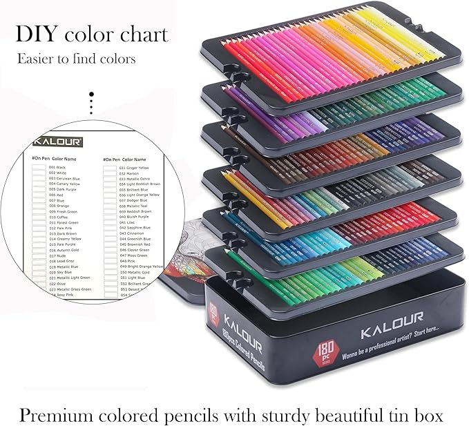 KALOUR 180 Colored Pencil Set for Adults Artists - Rich Pigment Soft Core -12 Metallic Pencil - Ideal for Coloring Drawing Sketching Shading Blending - Vibrant Color（Tin Case）