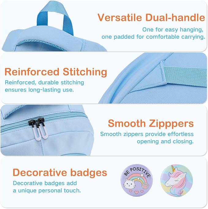 VASCHY Backpack for Girls, Cute School Bag Bookbag for Elementary Middle Schooler Teen Girls/Kids Travel with Clear Pin Pouch Sky Blue