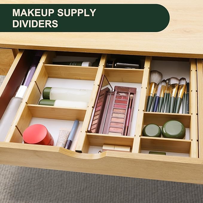 Utoplike 4 PCS Bamboo Kitchen Drawer Dividers with Inserts(Fits 15"-17.7" Drawer Inner Size), Adjustable Drawer Organizers for Socks, Spring Loaded, for Bedroom, Dresser, Bathroom