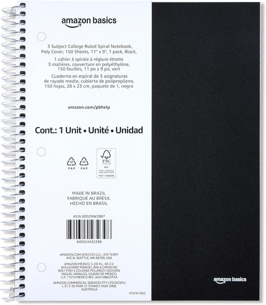 Amazon Basics 3 Subject College Ruled Spiral Notebook, Poly Cover, 150 Sheets, 8-1/2" x 11", Black, 1 pack