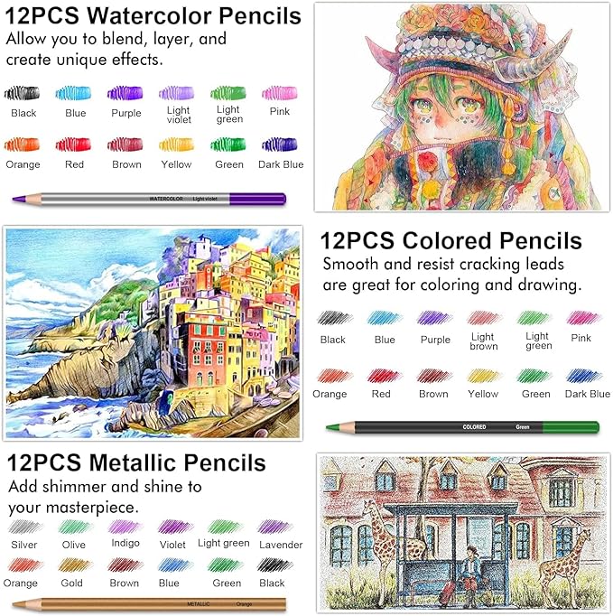 Art Supplies Drawing Kit, 74Pcs Drawing Pencils for Sketching - Include Colored, Graphite, Colored, Metallic, Charcoal Pencil, Ideal Gift for Beginners & Professional Artists Teens & Adults