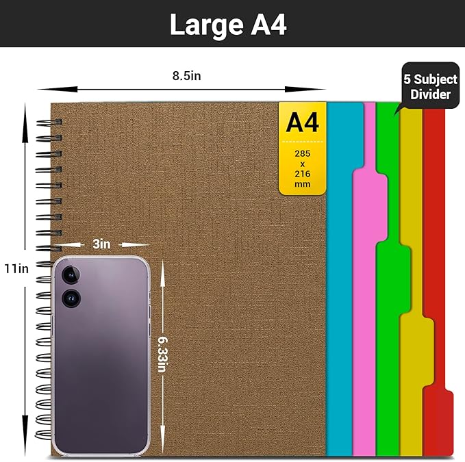 EUSOAR 5 Subject Spiral Notebook, 1pcs A4 11" x8-1/2 College Ruled Writing Pad, 100GSM 120Sheets/ 240Pages of Lined Paper, Thick Hardcover, for Traveling Students, Office and Business, Kraft
