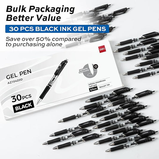 deli Gel Pens, 30 Pcs Retractable Pens Black Ink, Medium Point Pen Bulk 0.7mm, Smooth Writing, Fast Dry, No Bleed for Journaling Note Taking, Home School Office Supplies