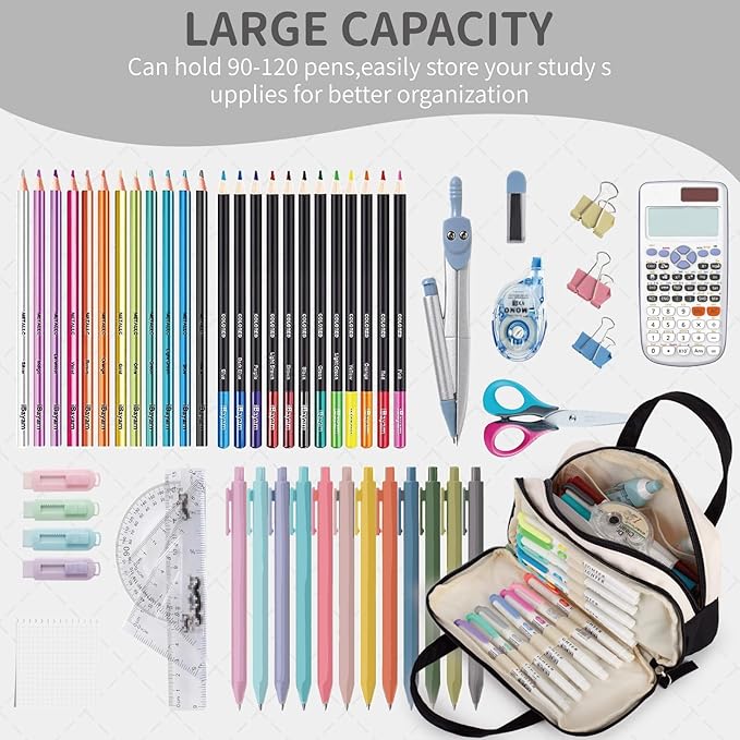 2 Compartment Pencil Case For Girls,Zipper Pencil Bag With Handle, Large Capacity quilting Pencil Pouch Organizer Aesthetic, Womens Soft Pencil Box Marker Pouch For Middle School Office College
