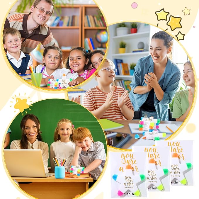 24 Sets Back to School Gifts for Students Star Highlighters with You're a Star Cards Gift Bags 5 in 1 Fluorescent Pens Affirmation Gifts for First Day of School Party Favor (Shining)