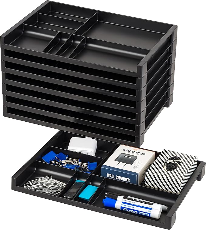 IRIS USA 14" x 10" Stacking Desktop Organizer Tray with Built-In Divider, 8 Pack, Plastic Storage Container for Stationery Art Craft Supplies Office Desk Drawer and Small Business Organization, Black