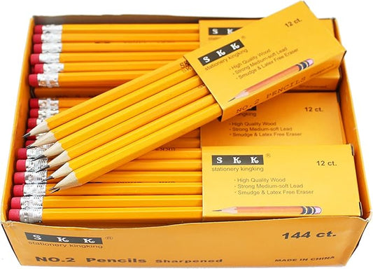 SKKSTATIONERY Pre-sharpened pencils, Pencils Sharpened with eraser top, #2 HB pencil, 144/box.
