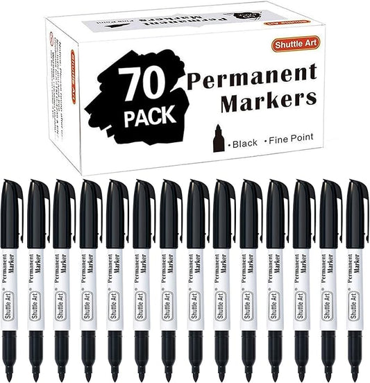 Shuttle Art Permanent Markers, 70 Pack Black Permanent Marker set,Fine Point, Works on Plastic,Wood,Stone,Metal and Glass for Doodling, Marking