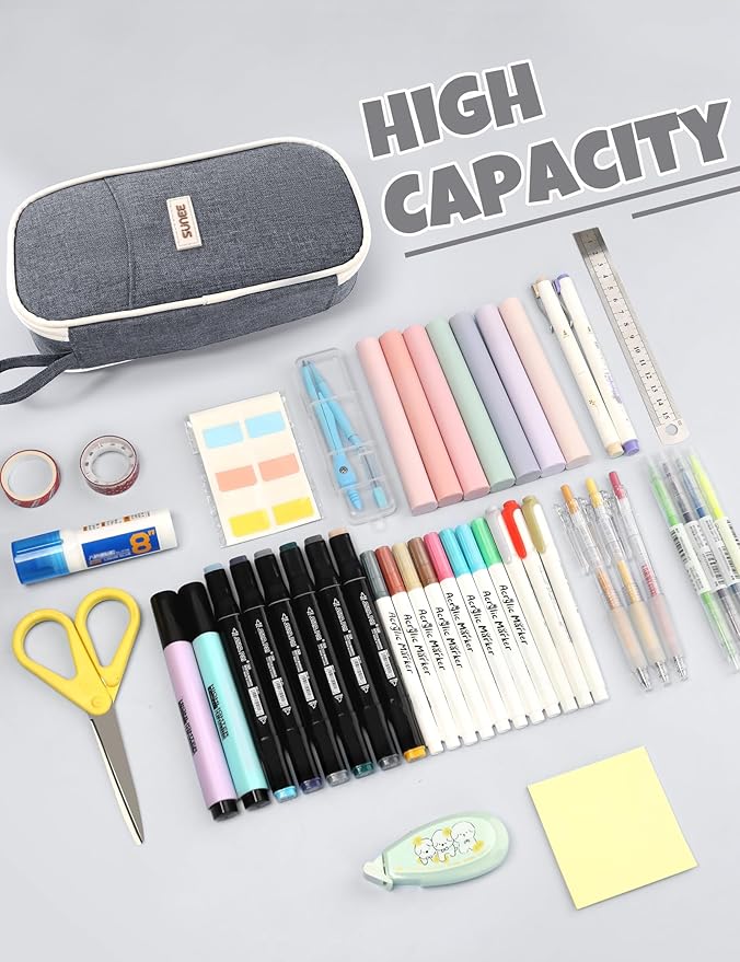 SUNEE Cute Pencil Case, Aesthetic Pen Pouch, Colored Large Pencil Bag with Zipper, Kawaii Stationery Storage and Organizer, School Supplies for Teen and Adult Girls, Gray