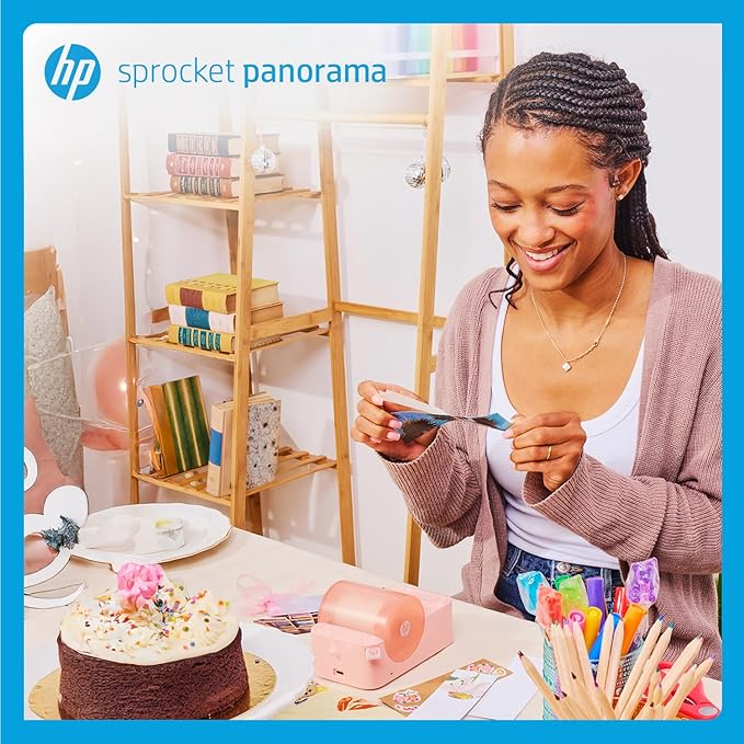 HP Sprocket Panorama Instant Color Label & Smartphone Photo Printer - Portable - Personalize Prints 2” x .5”- 9” on Zink Sticky-Back Photos - Create Photobooth Strips & Custom Designs in App - Pink