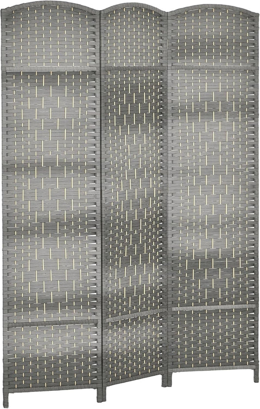 HOMCOM 3 Panel Room Divider, 6' Tall Folding Privacy Screen, Hand-Woven Freestanding Wall Partition for Home Office, Bedroom, Mixed Gray