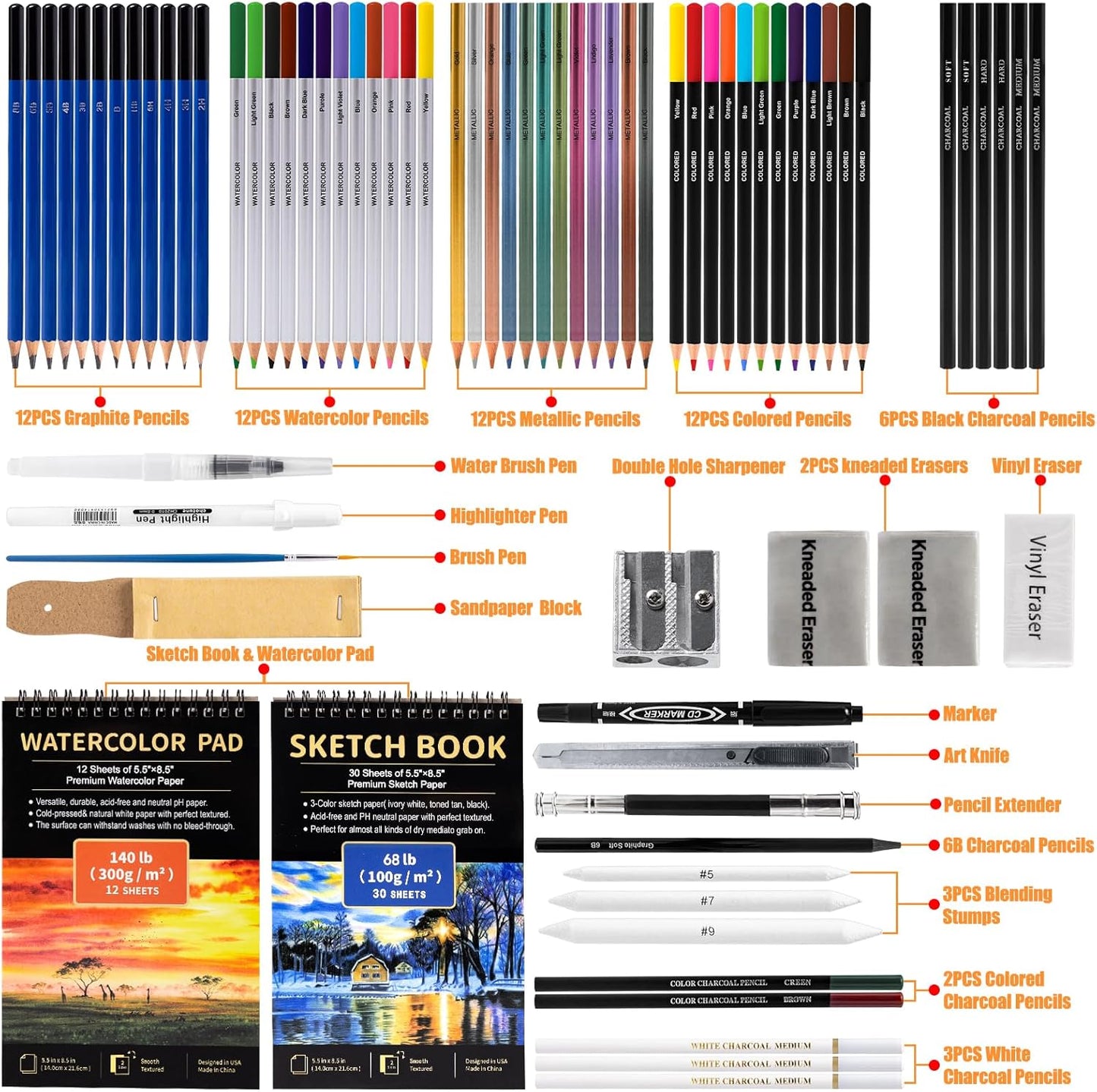 Art Supplies Drawing Pencils Set - 76 Pack Pro Sketching Kit with Sketchbook & Watercolor Pad, Includes Graphite, Charcoal, Watercolor & Metallic Pencils for Kids, Teens, Adults