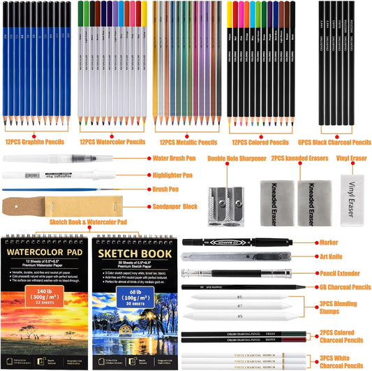 Art Supplies Drawing Pencils Set - 76 Pack Pro Sketching Kit with Sketchbook & Watercolor Pad, Includes Graphite, Charcoal, Watercolor & Metallic Pencils for Kids, Teens, Adults