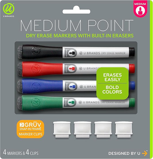 U Brands Fine Tip Dry Erase Markers with Eraser, Whiteboard Markers with Marker Clips, Low Odor, Assorted Colors, Set of 4