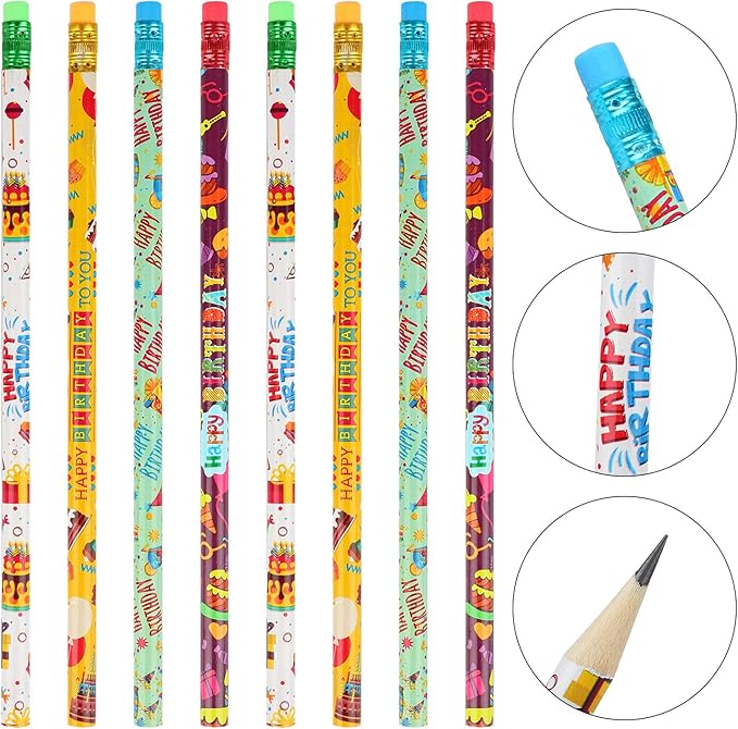 Kolewo4ever 200 Pieces Happy Birthday Pencils Colorful Printed Birthday Pencils with Top Erasers for Teachers Classrooms Reward Birthday Party Kids Gifts Supplie