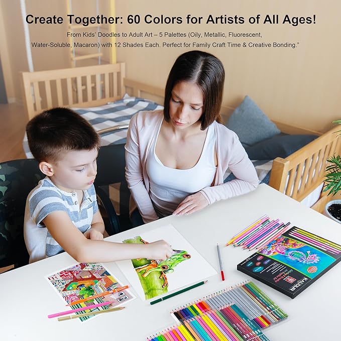 KALOUR 60 Art Drawing Set,5 Types of Colored Pencils Including Oil-Based, Metallic, Watercolor, Neon, Macaron Pastels.for Artists, Adults.Art Supplies for Sketching, Coloring & DIY Crafts