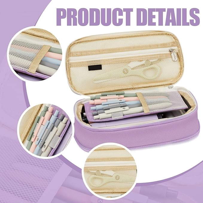 Henoyso 18 Set Aesthetic School Supplies Include Big Capacity Study Pen Bag with Zipper 12 Pcs Chisel Tip Bible Highlighters 5 Pcs Quick Dry Retractable Black Ink Pens for Student Office(Purple)