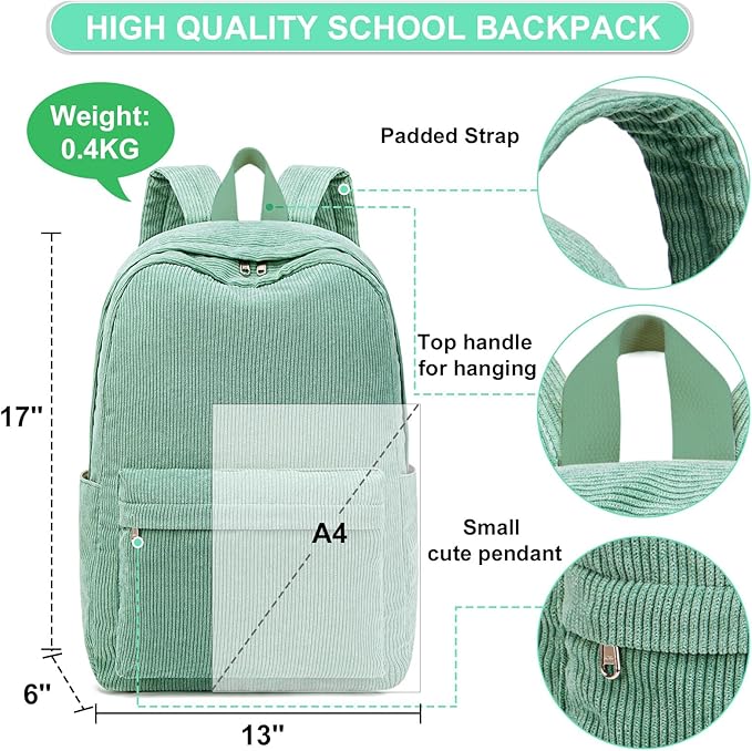 School Backpack for Teens Large Corduroy Bookbag Lightweight 15.6 inch Laptop Bag for Girls Women Casual High School College