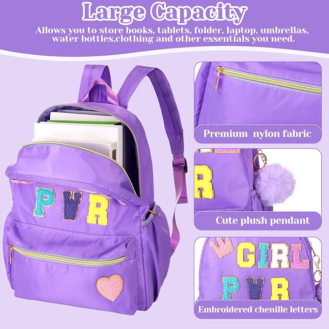 4 Pcs Christmas Child Items Bulk Backpack for Girls Purple Chenille Patch Backpack for School Students Knapsack with Lunch Box Pencil Case Poms Keychains Operation Christmas Items Bulk