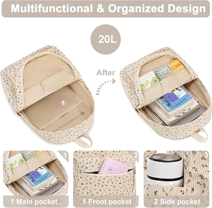 School Backpack for Teens Large Corduroy Bookbag Lightweight 15.6 inch Laptop Bag for Girls Women Casual High School College