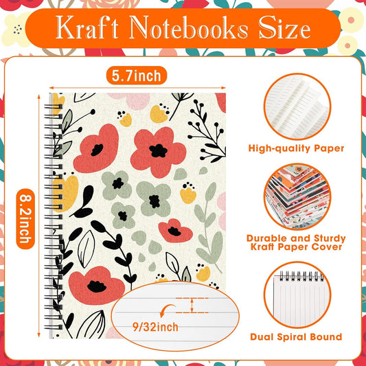 Fuutreo 12 Pcs Spiral Notebook for Work A5 8.3 x 5.7 Inch College Ruled Spiral Journal Notebook Kraft Cover Ruled Paper, 12 Color, 60 Sheets, 120 Pages for Office School(Floral Color)